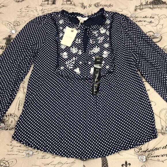 Lucky Brand Polka Dot Embroidered Yoke Top - Picture 2 of 7